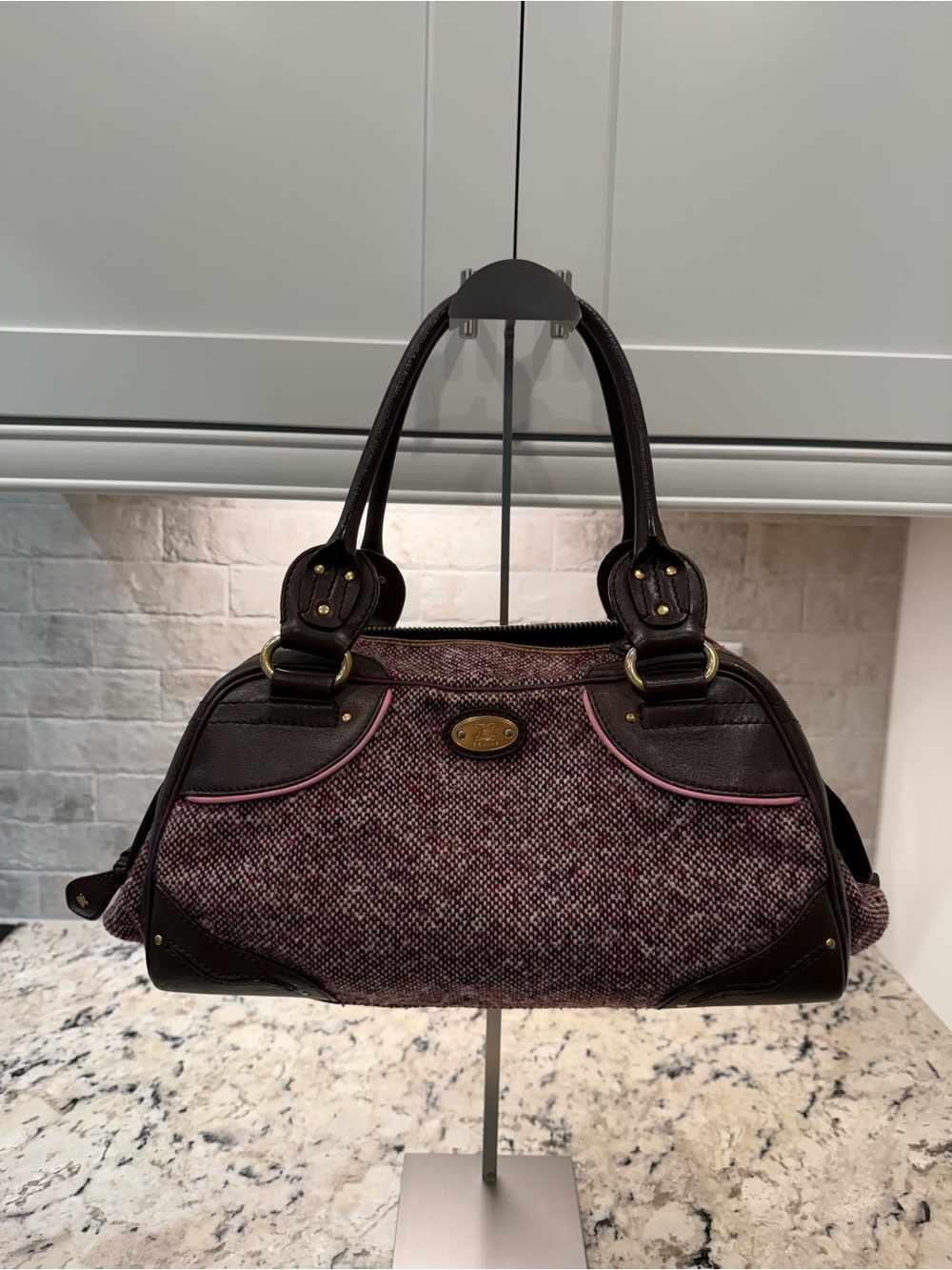 Celine EUC Rare Vintage Runway Brown & Pink Tweed Satchel